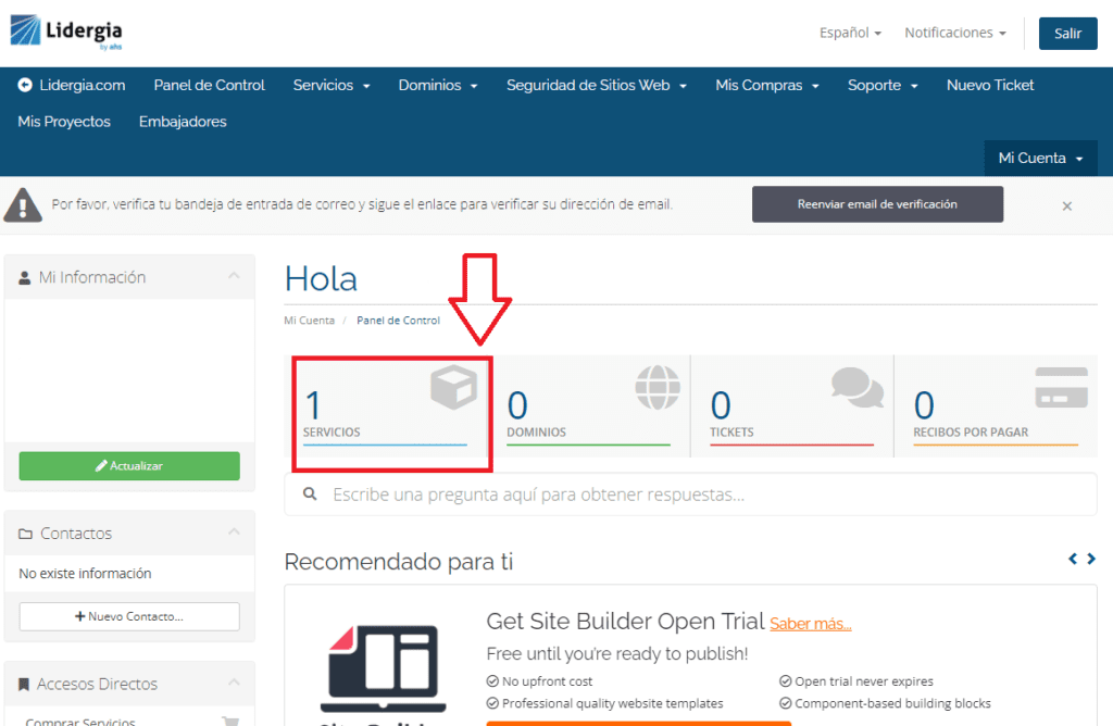 ¿Cómo ingresar a cPanel desde tu portal Lidergia en 3 pasos? 3 Seleccionar Servicios Portal Lidergia