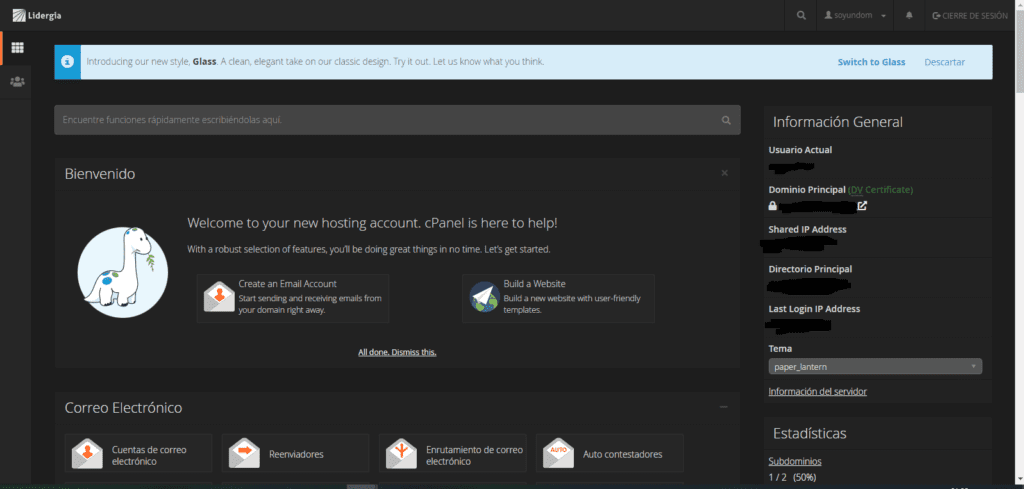 Crea tu correo electrónico en cPanel en 3 pasos 1 interfaz de Inicio