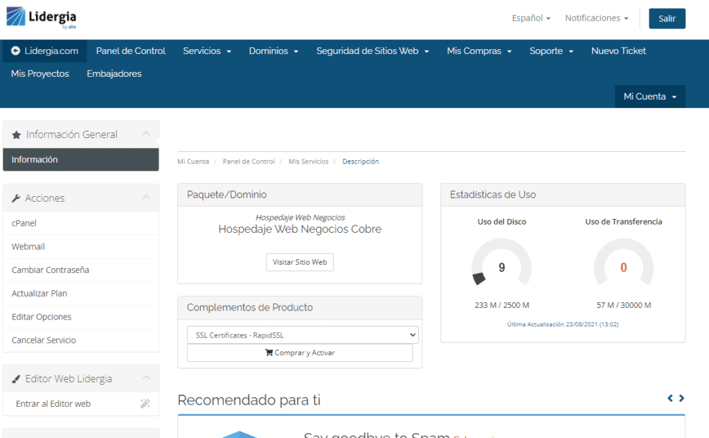¿Cómo ingresar a cPanel desde tu portal Lidergia en 3 pasos? 5 Servicios Portal Lidergia