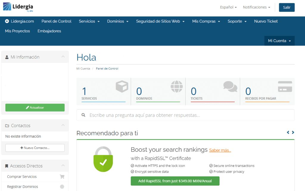 ¿Cómo ingresar a cPanel desde tu portal Lidergia en 3 pasos? 2 Inicio Portal Lidergia