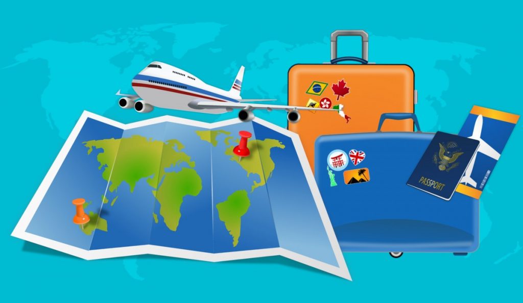 Marketing de viajes post pandemia ¿Y ahora qué? 1 marketing de viajes animada de un avión con un mapa y maletas.